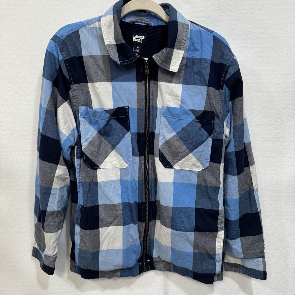 Lands' End Lined Cotton Spandex Plaid Jacket Shacket Zip Medium 38-40 mens